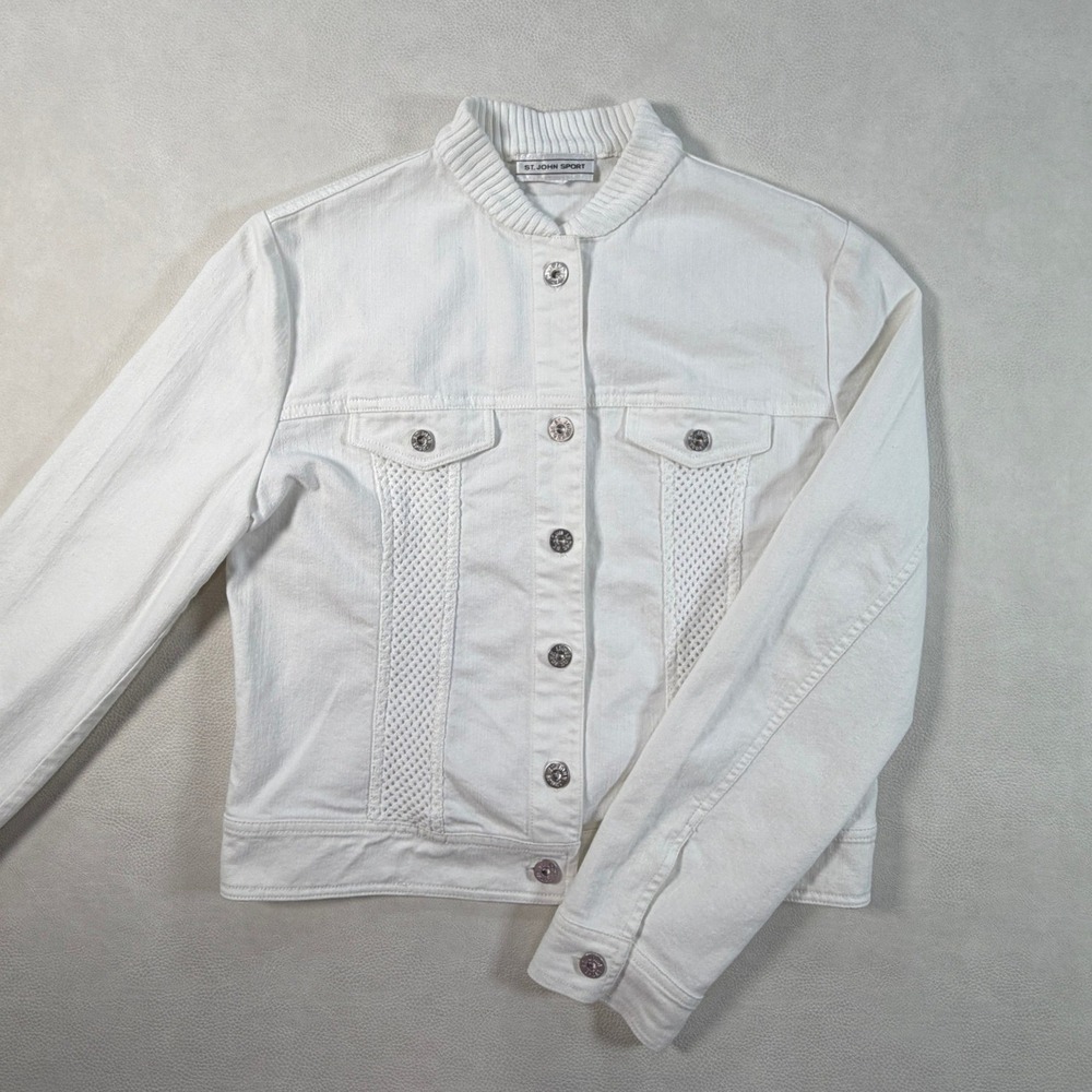 St John Sport Womens Small White Denim‎ Jacket Ribbed Mock Neck Crochet Panels